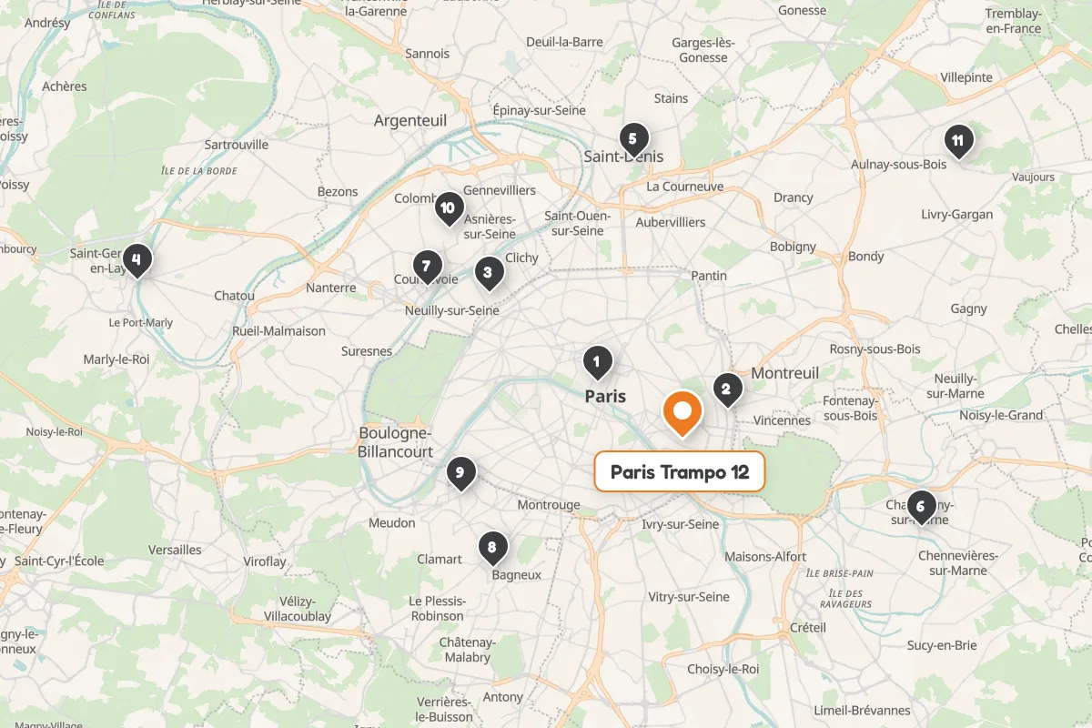 Carte des clubs de trampoline d'Île-de-France, numérotés comme dans la liste ci-dessous